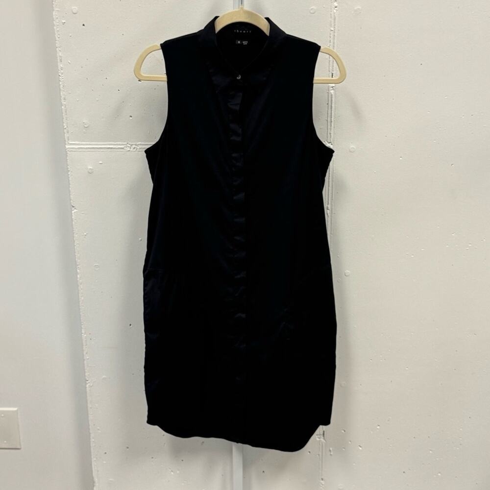 Theory Walvan Impeccable Style Black Sleeveless Shirt Dress Side Pockets Size 8